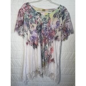 Keren Hart Top Vintage Womens 1X Pink Blue White green Sheer Stretch Lace Lined